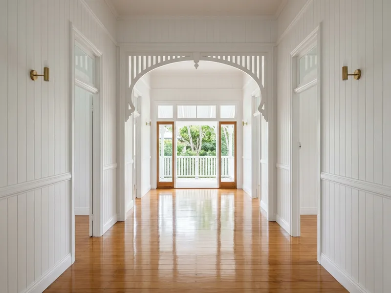 High-gloss polished timber flooring and traditional woodwork in an Ascot Queenslander home