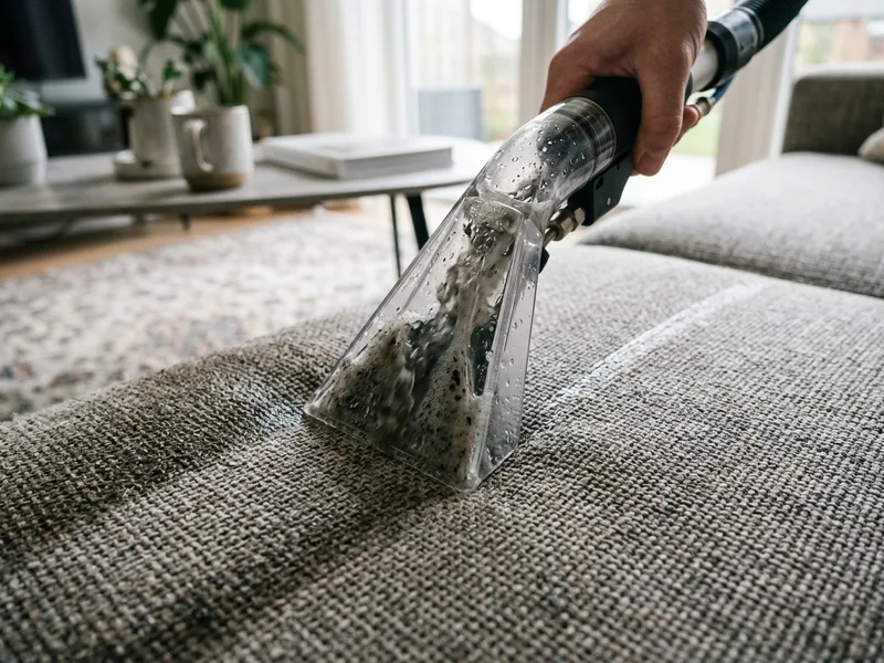 Low-moisture upholstery cleaning hand tool extracting dirt and moisture from couch cushion